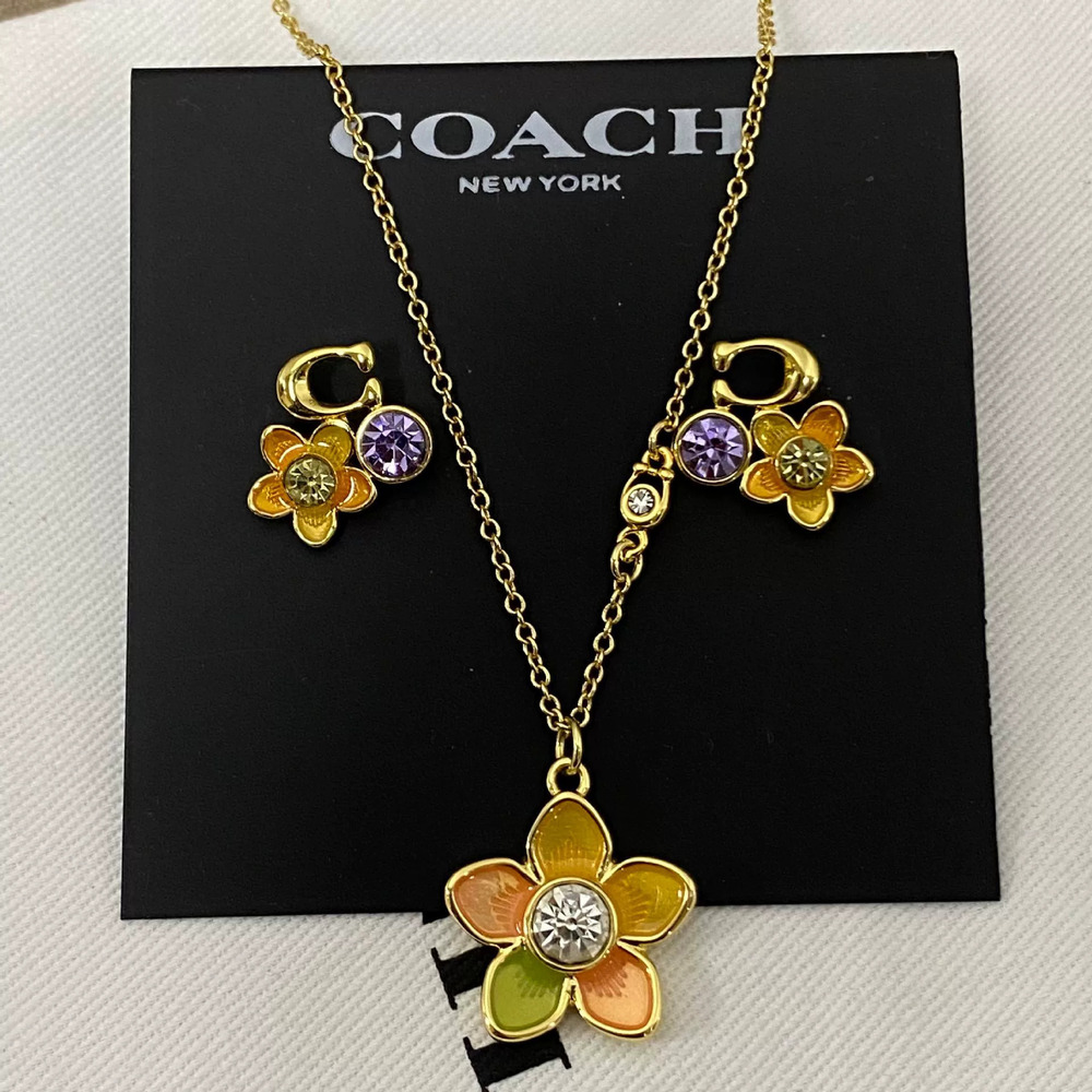 Coach Enamel Flower Design Earring Necklace Set